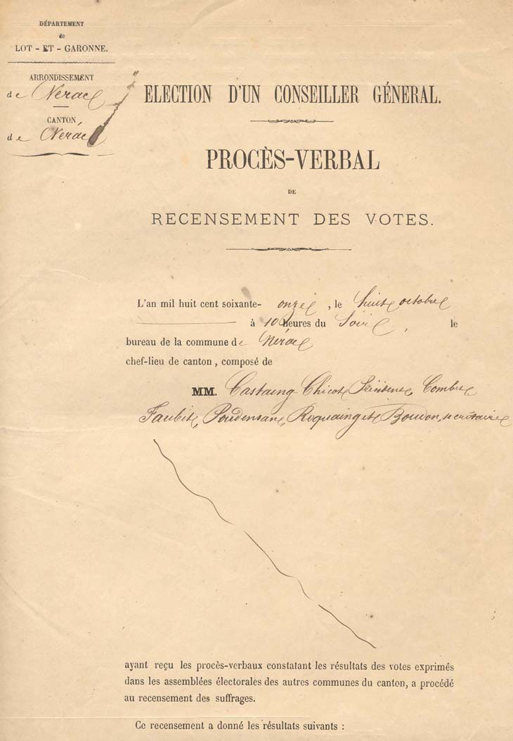 Procs-verbal des lections dans le canton de Nrac, 8 oct. 1871 (3 M 238)