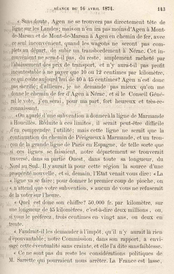 Discours de Fallires sur la ncessit de construire des chemins de fer et d'instaurer l'impt sur le revenu, 16 avril 1874 (1 N 280 p. 143)