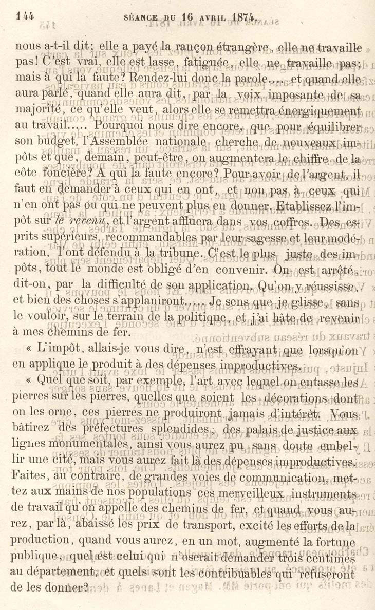 Discours de Fallires sur la ncessit de construire des chemins de fer et d'instaurer l'impt sur le revenu, 16 avril 1874 (1 N 280 p. 144)