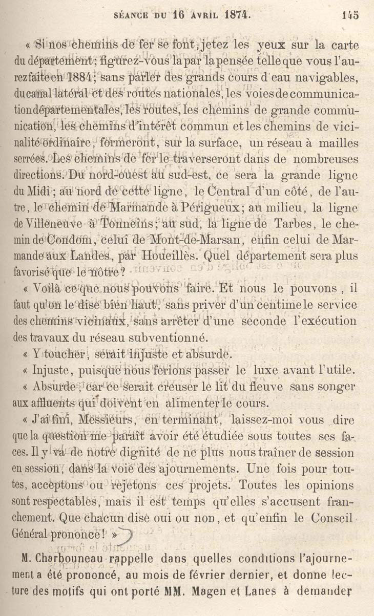 Discours de Fallires sur la ncessit de construire des chemins de fer et d'instaurer l'impt sur le revenu, 16 avril 1874 (1 N 280 p. 145)