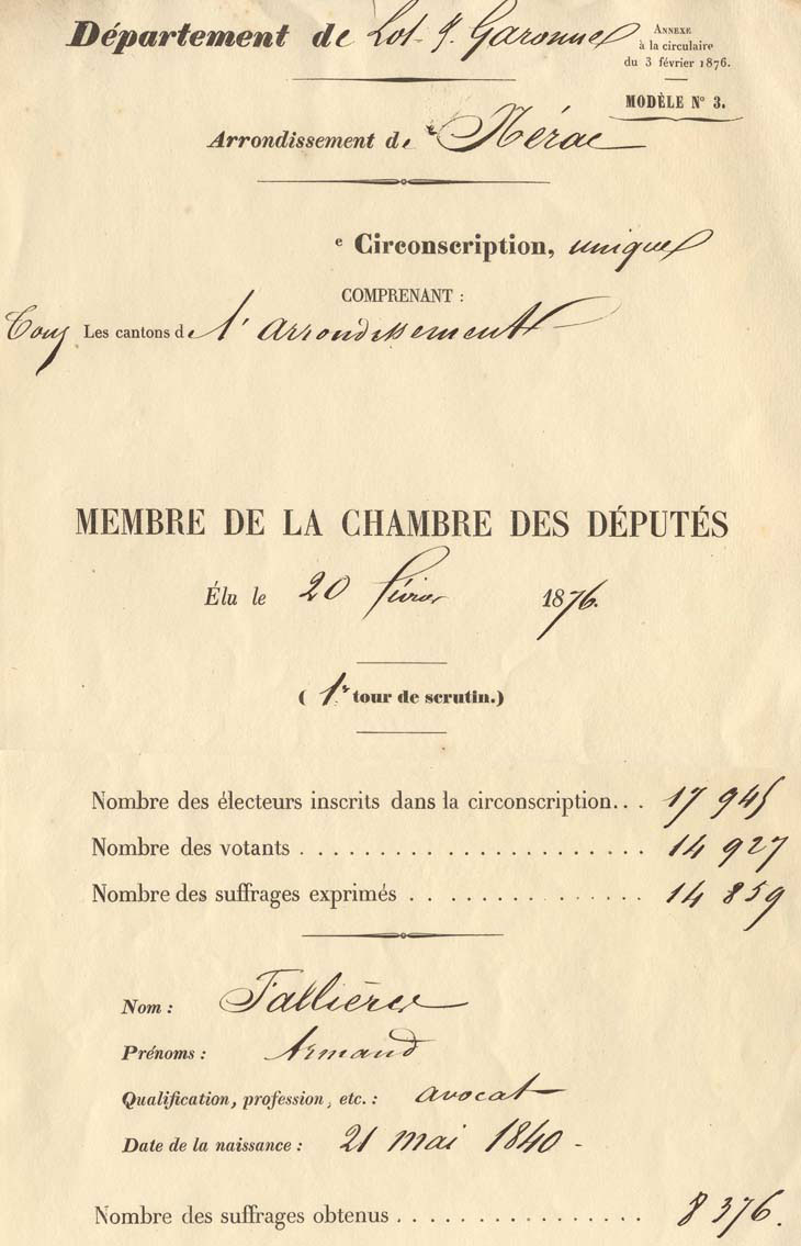 Rsultats des lections lgislatives pour l'arrondissement de Nrac, 20 fv. 1876 (3 M 219)
