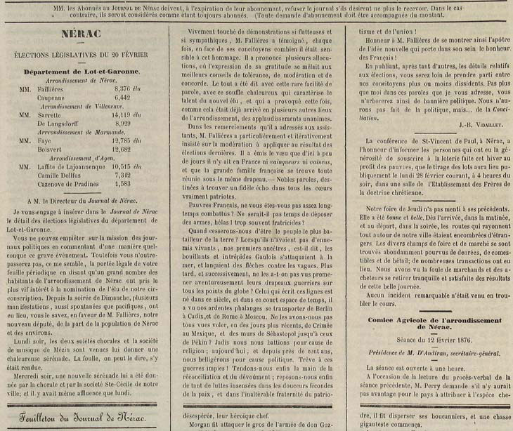Proclamation des rsultats par le Journal de Nrac, 21 fv. 1876 (69 JX 4)