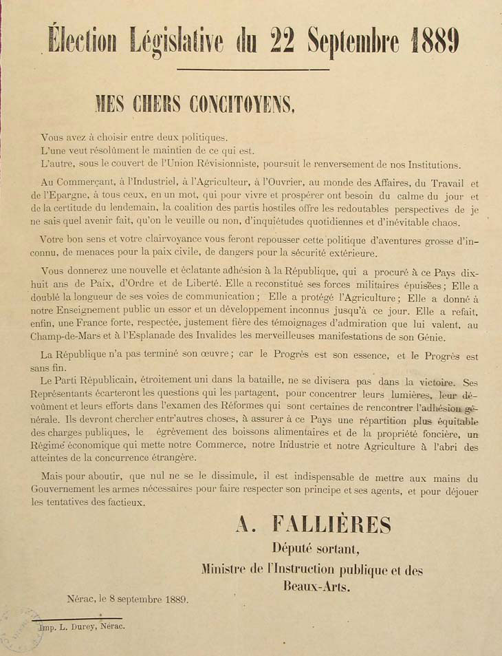 Profession de foi d'A. Fallires pour les lections de sept. 1889(3 M 224)