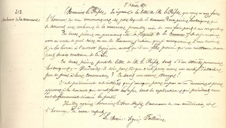 Copie d'une lettre adresse par A. Fallires, maire de Nrac, au prfet, 5 aot 1871 (E dpt nrac 2 D 17)