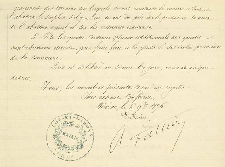 A. Fallires, maire de Nrac, fait voter par le conseil municipal la construction d'un abattoir et d'une cole, 15 oct. 1876 (2 O 195/27)