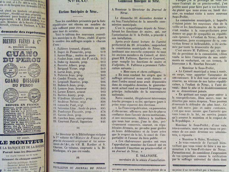 Rsultats des lections municipales du 6 janv. 1878, Le journal de Nrac (69 JX 4)