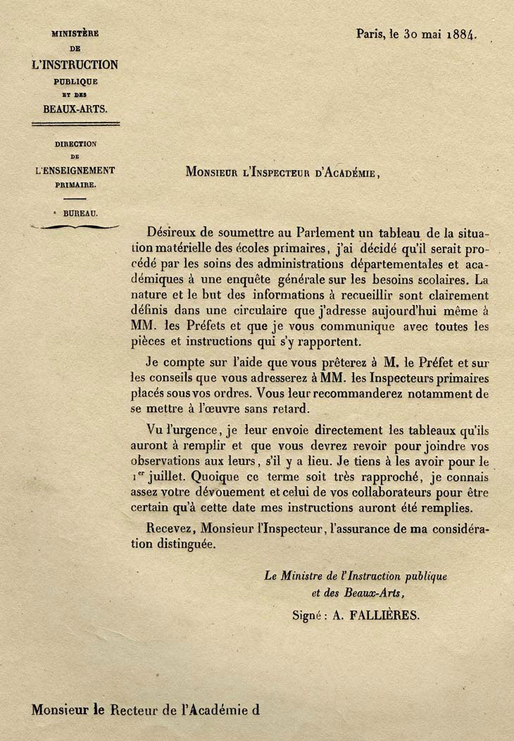 A. Fallires, ministre de l'instruction publique, lance une enqute sur la situation matrielle des coles primaires, 30 mai 1884 (1 T 85 a)
