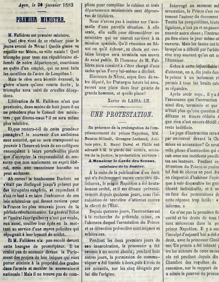 Le Journal de Lot-et-Garonne commente la nomination d'A. Fallires  la prsidence du Conseil, 30 janv. 1883 (32 JX 92)