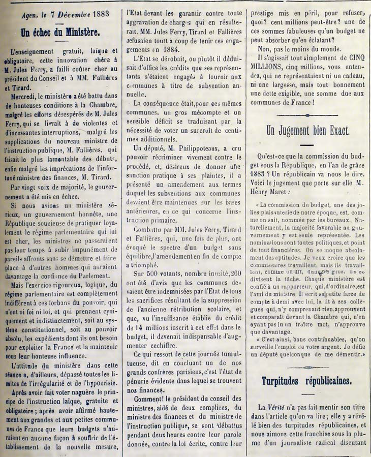 Le Journal de Lot-et-Garonne commente la chute du gouvernement Ferry, 7 dc. 1883 (32 JX 92)