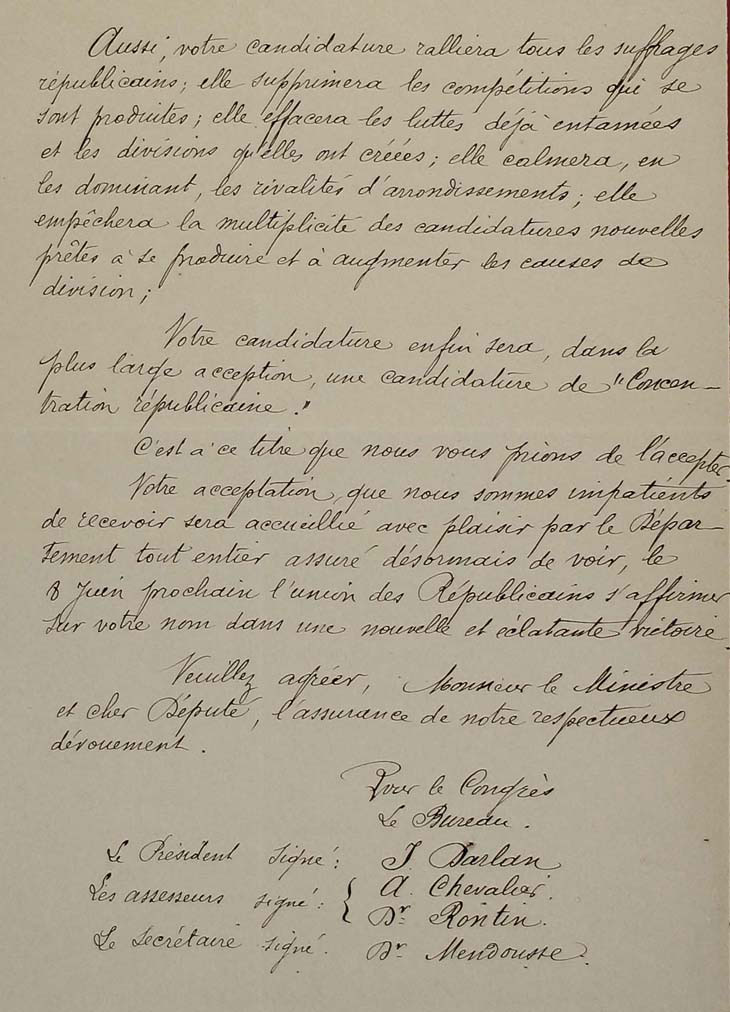 Les lecteurs snatoriaux rpublicains de l'arrondissement de Nrac offrent la candidature  A. Fallires, 1890 (3 M 207 r)