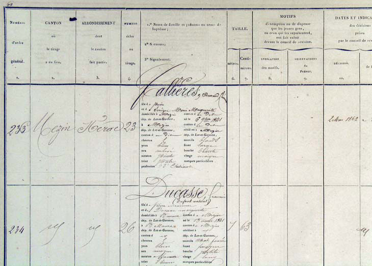 Fiche signaltique dans le registre matricule militaire, 1861 (1 R 170 n233)