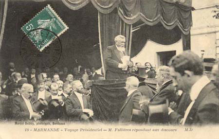 Visite du prsidFallires en Lot-et-Garonne en 1909 - Marmandeande, le prsident rpondant aux discours (127 J 627)