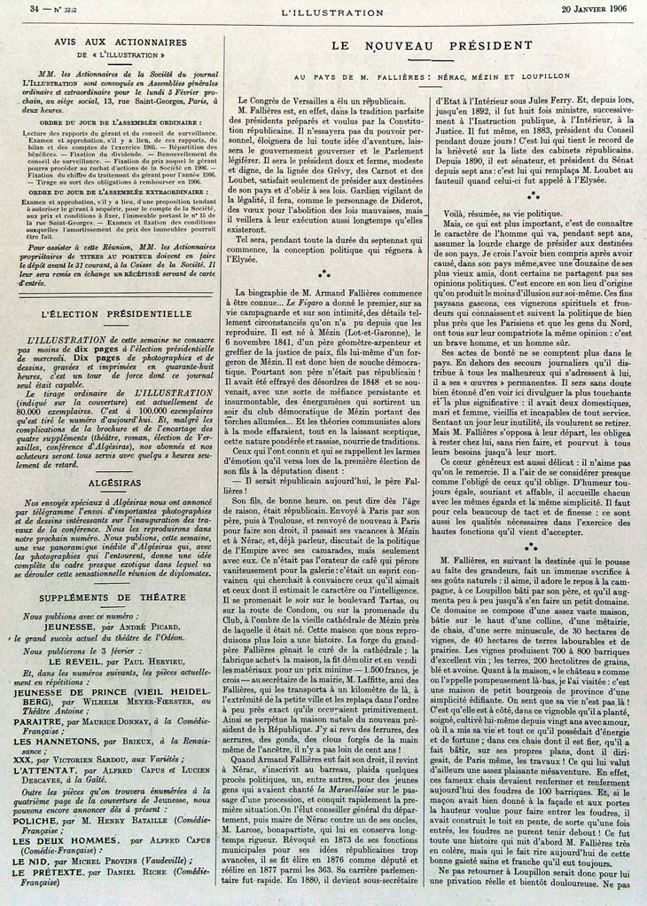 Vie quotidienne  l'Elyse - Le nouveau prsident, article de l'Illustration du 20 janvier 1906 (1 J 942/a)