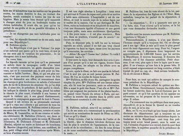 Vie quotidienne  l'Elyse - Le nouveau prsident, article de l'Illustration du 20 janvier 1906, suite (1 J 942/b)